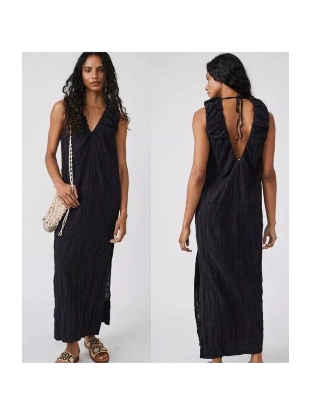 Free People Agatha Crinkle Cotton Side Slit Boho Midi Maxi Dress Size Small